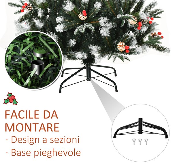 HOMCOM Albero di Natale Innevato 180cm con Bacche Rosse e Pigne Bianche, Base Rimovibile Pieghevole, 678 Rami, Verde|Aosom