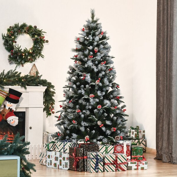 HOMCOM Albero di Natale Innevato 180cm con Bacche Rosse e Pigne Bianche, Base Rimovibile Pieghevole, 678 Rami, Verde|Aosom