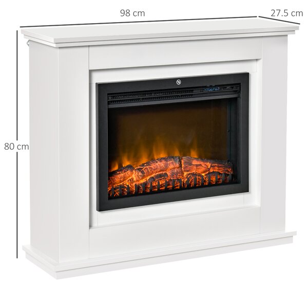 HOMCOM Camino Elettrico Effetto Fiamma Realistico con Cornice 1000W/2000W in Legno Bianco, Timer e Telecomando, 1000W e 2000W, 98x27.5x80cm