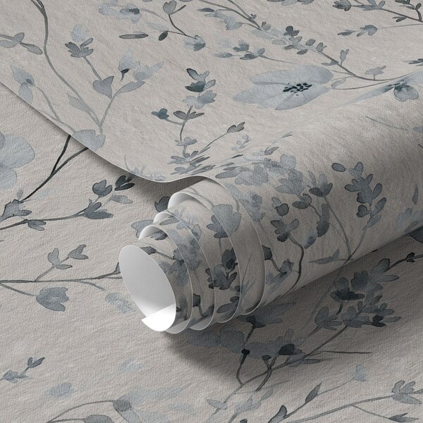 Carta da parati Floristica acquerellata blu e grigia su sfondo neutro, Parati classici in stile inglese, a00198 : Uwalls.it