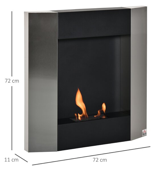 HOMCOM Camino Bioetanolo Moderno da Parete con Serbatoio da 0.7L, Stufe a Bioetanolo in Acciaio e Vetro, 72x11x72cm, Argento e Nero | Aosom Italy