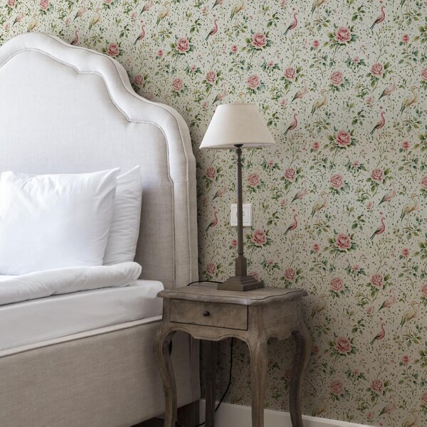 Carta da parati Rose rosa pastello e uccelli in stile shabby chic, Parati classici in stile inglese, a00201 : Uwalls.it