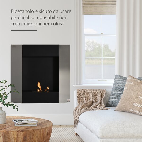 HOMCOM Camino Bioetanolo Moderno da Parete con Serbatoio da 0.7L, Stufe a Bioetanolo in Acciaio e Vetro, 72x11x72cm, Argento e Nero | Aosom Italy