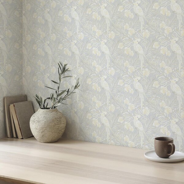 Carta da parati Stampa tropicale leggera con cacatua e fiori su sfondo blu, Parati fiori e piante classici, a00203 : Uwalls.it