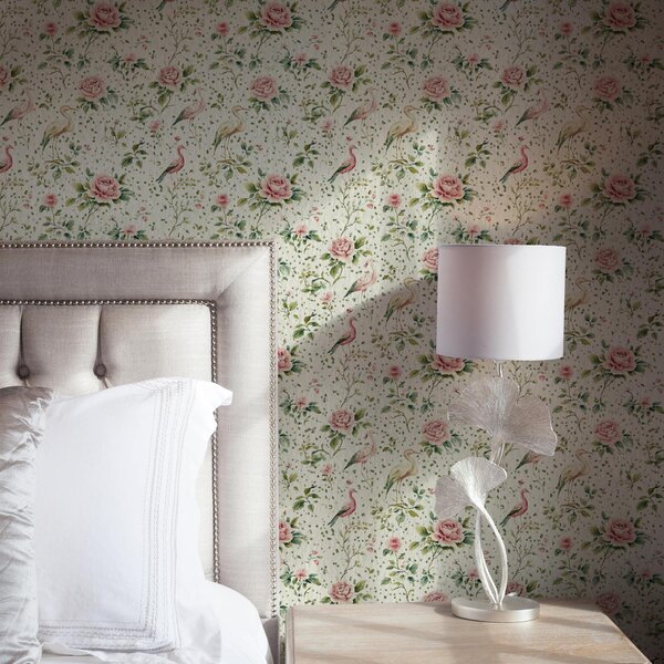 Carta da parati Rose rosa pastello e uccelli in stile shabby chic, Parati classici in stile inglese, a00201 : Uwalls.it