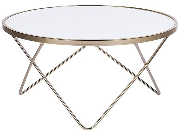 Tavolino da caffè con piano in vetro temperato bianco con gambe a forcina in metallo dorato di forma rotonda Beliani