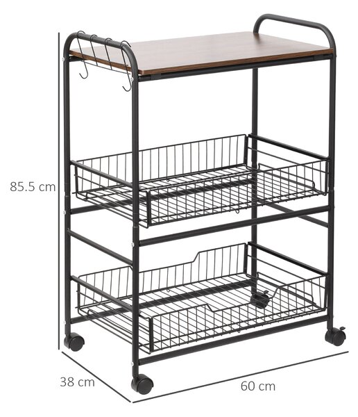 HOMCOM Carrello Cucina Stile Industriale, 4 Ruote, 2 Cestini, 4 Ganci, 60x38x85.5cm, Marrone Nero - Design Moderno|Aosom