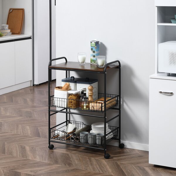 HOMCOM Carrello Cucina Stile Industriale, 4 Ruote, 2 Cestini, 4 Ganci, 60x38x85.5cm, Marrone Nero - Design Moderno|Aosom