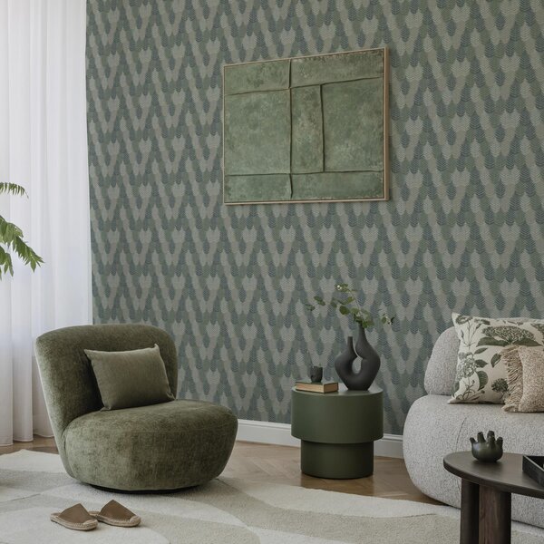 Carta da parati Foglie di felce, motivo geometrico, colori verde e blu, Parati classici in stile loft, a00211 : Uwalls.it