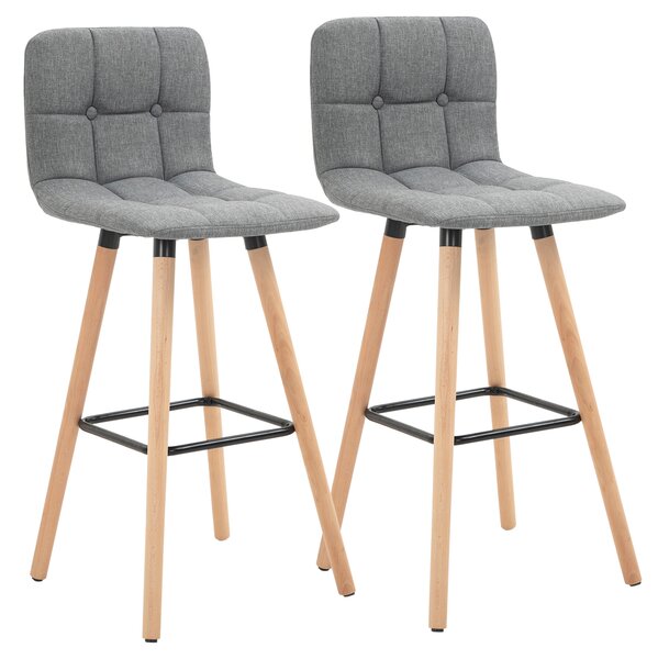 HOMCOM Set 2 Sgabelli da Bar con Schienale e Poggiapiedi, Seduta Imbottita in Tessuto e Gambe in Legno, 41.5x47x97.5, Grigio|Aosom