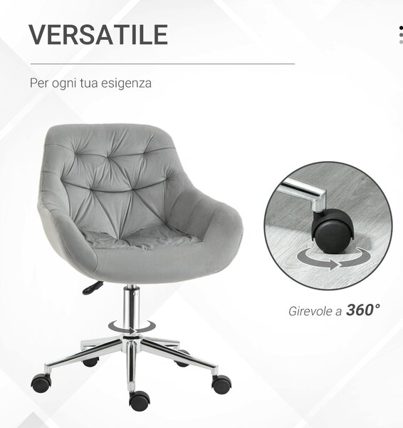 Vinsetto Sedia da Ufficio Ergonomica Girevole con Altezza Regolabile e Ruote, Rivestimento in Velluto, 59x58x80-90cm, Grigio | Aosom