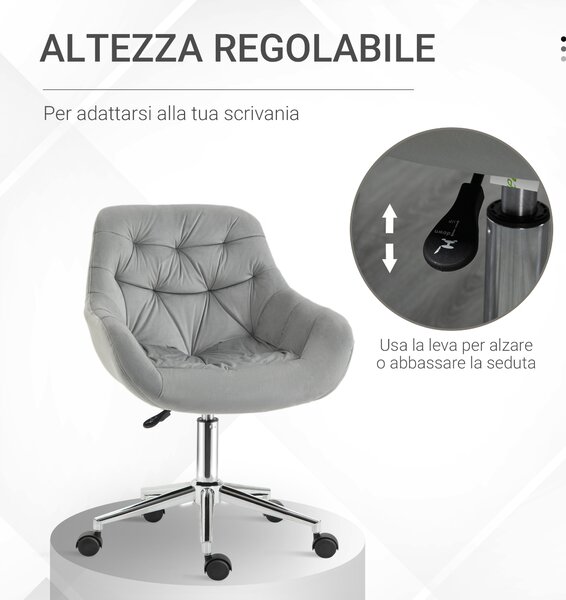 Vinsetto Sedia da Ufficio Ergonomica Girevole con Altezza Regolabile e Ruote, Rivestimento in Velluto, 59x58x80-90cm, Grigio | Aosom