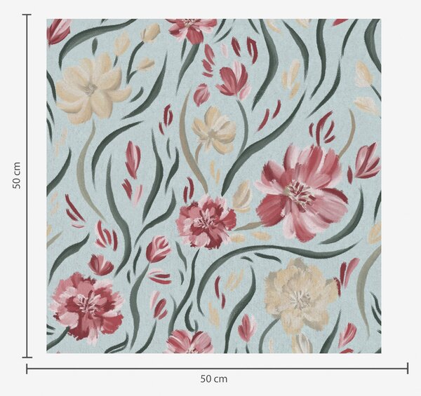 Carta da parati Fiori acquerellati su sfondo blu, motivo rosso e beige, Parati fiori e piante classici, a00216 : Uwalls.it