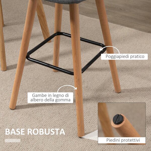 HOMCOM Set 2 Sgabelli da Bar con Schienale e Poggiapiedi, Seduta Imbottita in Tessuto e Gambe in Legno, 41.5x47x97.5, Grigio|Aosom