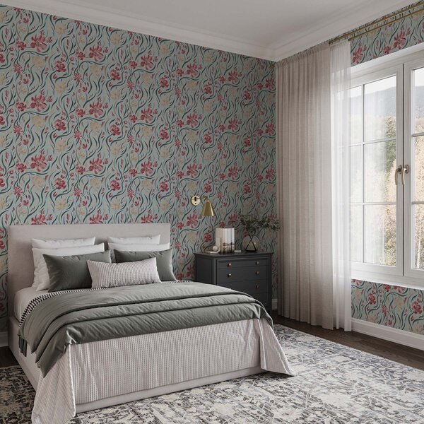 Carta da parati Fiori acquerellati su sfondo blu, motivo rosso e beige, Parati fiori e piante classici, a00216 : Uwalls.it
