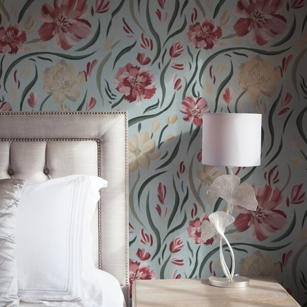 Carta da parati Fiori acquerellati su sfondo blu, motivo rosso e beige, Parati fiori e piante classici, a00216 : Uwalls.it