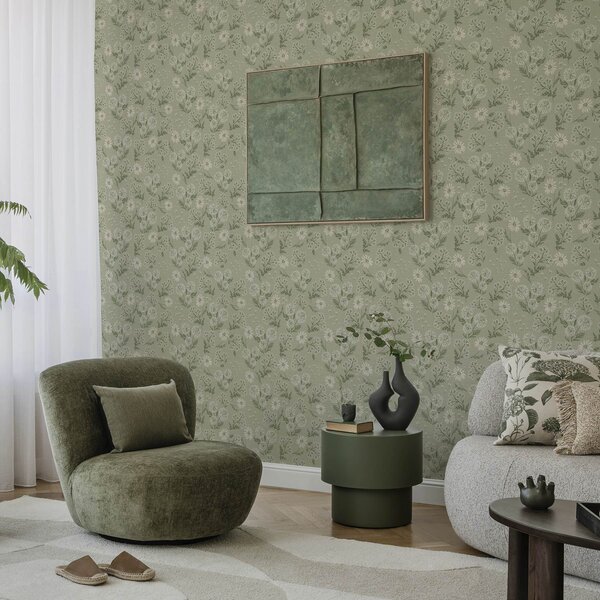 Carta da parati Dente di leone e margherite, motivo botanico su sfondo grigio-verde, Parati classici in stile inglese, a00224 : Uwalls.it