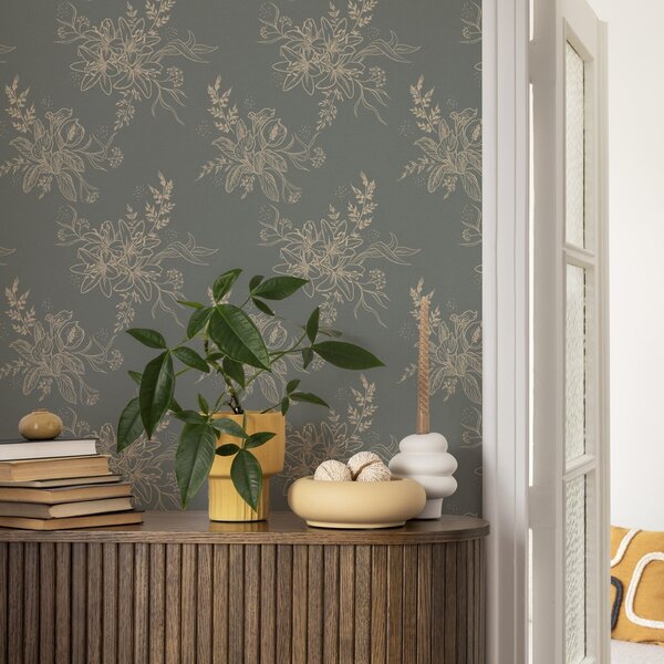 Carta da parati Fiori di contorno su sfondo grigio-blu, elegante motivo botanico, Parati fiori e piante classici, a00226 : Uwalls.it