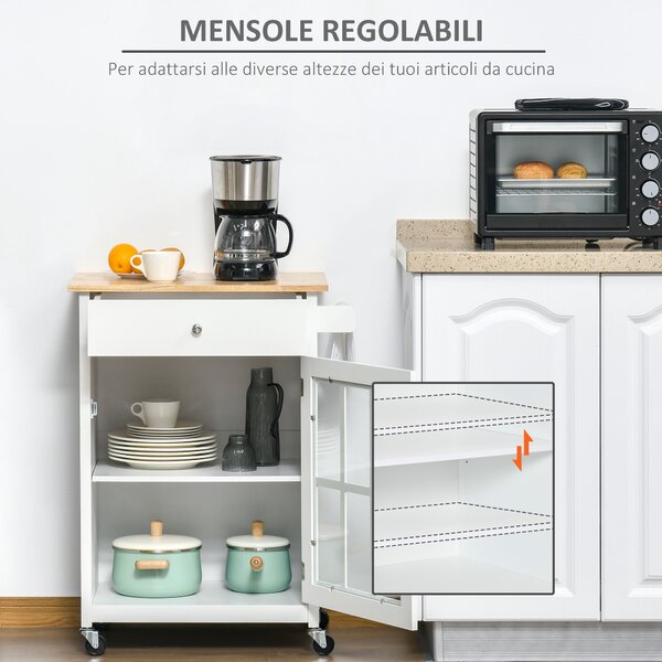 HOMCOM Carrello da Cucina Multiuso con Cassetto, Armadietto e 4 Ruote, in Legno Bianco, 67x48x86.5cm|Aosom