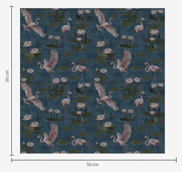 Carta da parati Fenicottero tra ninfee, scena tropicale su sfondo blu navy, Parati fiori e piante classici, a00237 : Uwalls.it