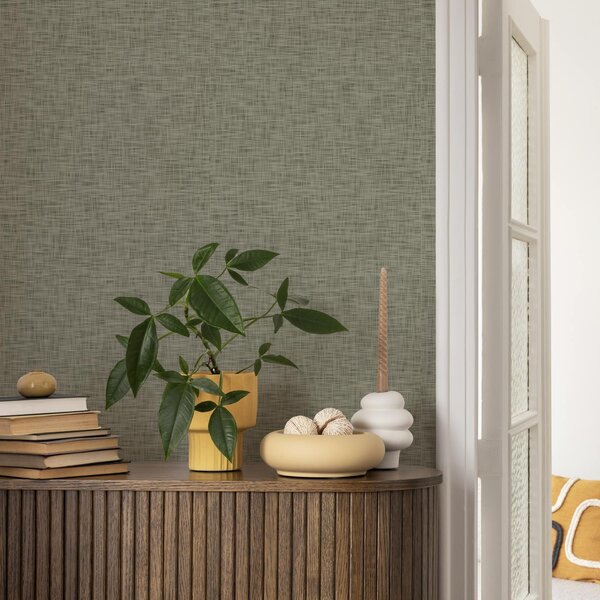 Carta da parati Tessuto grigio-verde, motivo a griglia in lino, Parati classici in stile loft, a00235 : Uwalls.it