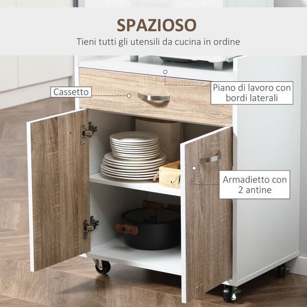 HOMCOM Carrello da Cucina Portavivande per Microonde con Cassetto, Armadietto e 4 Ruote, in Legno, 60x40x77cm, Rovere|Aosom