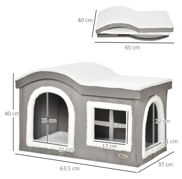 Pawhut Casetta per Gatti da Interno con 2 Entrate e Finestra, Cuscino e Base Antiscivolo, 63.5x37x40cm, Grigio | Aosom Italy