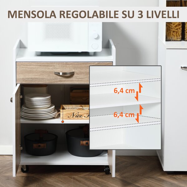 HOMCOM Carrello da Cucina Portavivande per Microonde con Cassetto, Armadietto e 4 Ruote, in Legno, 60x40x77cm, Rovere|Aosom