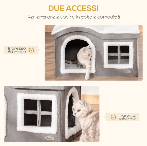Pawhut Casetta per Gatti da Interno con 2 Entrate e Finestra, Cuscino e Base Antiscivolo, 63.5x37x40cm, Grigio | Aosom Italy