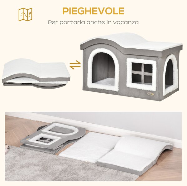 Pawhut Casetta per Gatti da Interno con 2 Entrate e Finestra, Cuscino e Base Antiscivolo, 63.5x37x40cm, Grigio | Aosom Italy