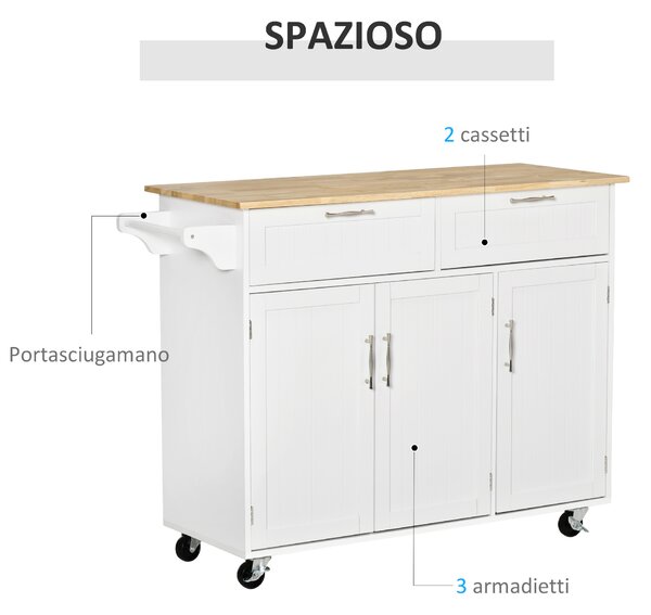 HOMCOM Carrello da Cucina Multiuso con 2 Cassetti, 3 Antine e 4 Ruote, in Legno e MDF, 121x46x91cm, Bianco|Aosom