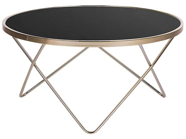 Tavolino da caffè con piano in vetro temperato Nero con gambe a forcina in metallo dorato di forma rotonda Beliani