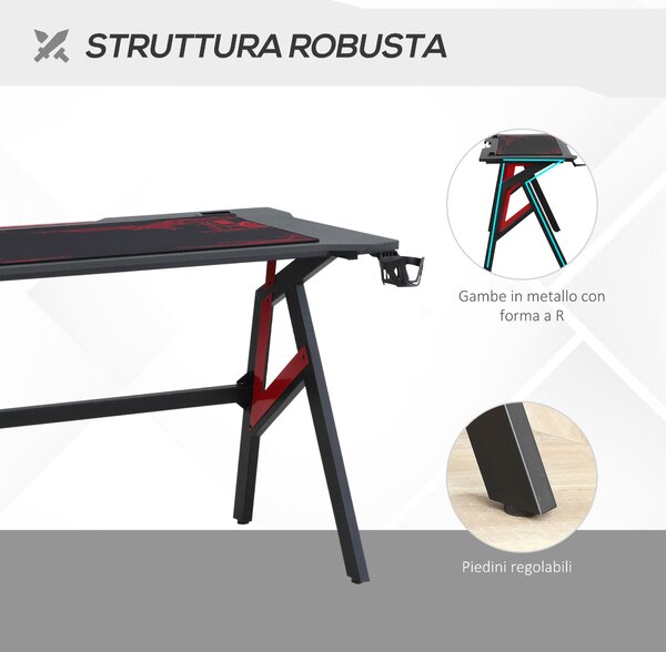 HOMCOM Scrivania Gaming Avanzata, Tappetino Mouse Maxi, Accessori Completi per Gamer, 120x58x75cm - Rosso e Nero|Aosom