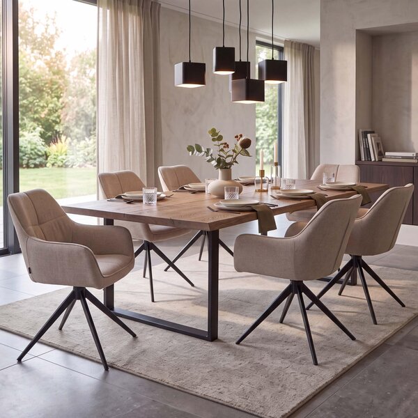 Set di 6 sedie da pranzo modello HWC-O47, sedia da cucina con braccioli, girevole con sistema di ritorno automatico, rivestita in tessuto (270g/m²), colore beige