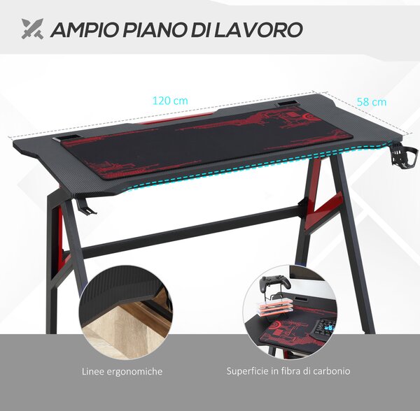 HOMCOM Scrivania Gaming Avanzata, Tappetino Mouse Maxi, Accessori Completi per Gamer, 120x58x75cm - Rosso e Nero|Aosom