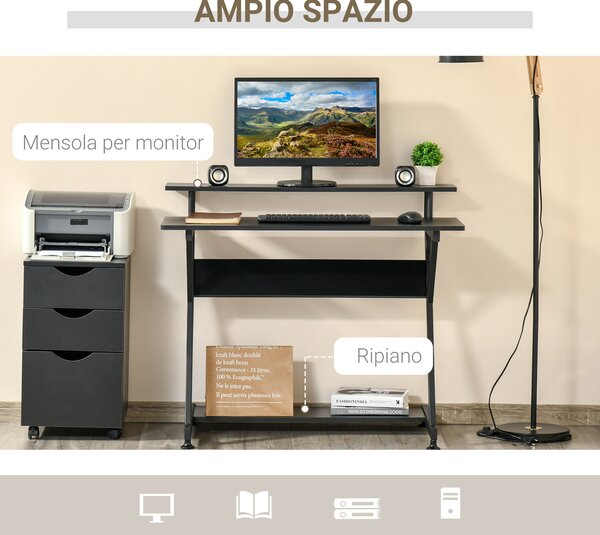 HOMCOM Tavolo Porta PC Salvaspazio con Ripiano Monitor Rialzato, Scrivania per Computer da Ufficio in Legno, 100x60x85.5cm, Nero|Aosom