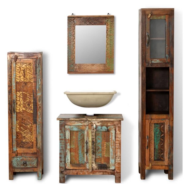 Set bagno in legno anticato con specchio e 2 armadi laterali