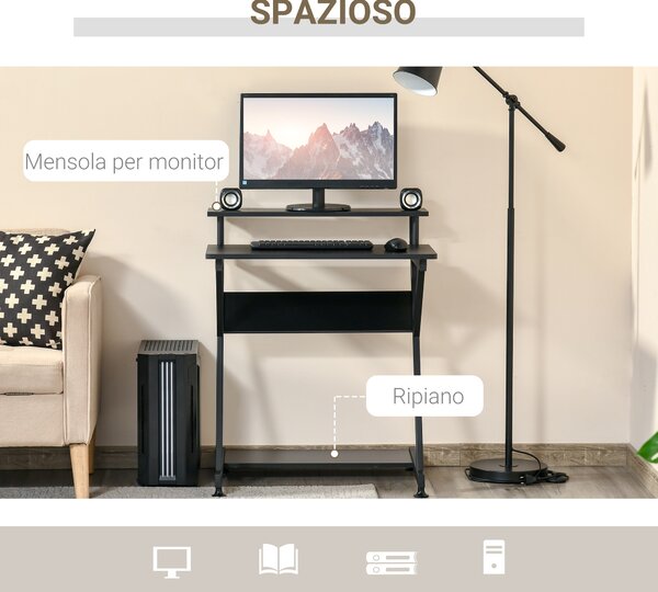 HOMCOM Tavolo Porta PC Salvaspazio con Ripiano Monitor Rialzato, Scrivania per Computer da Ufficio in Legno, 70x60x85.5cm, Nero