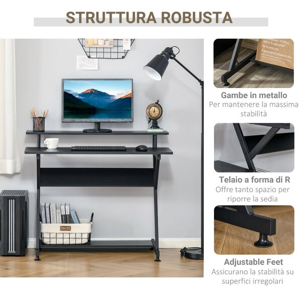 HOMCOM Tavolo Porta PC Salvaspazio con Ripiano Monitor Rialzato, Scrivania per Computer da Ufficio in Legno, 100x60x85.5cm, Nero|Aosom