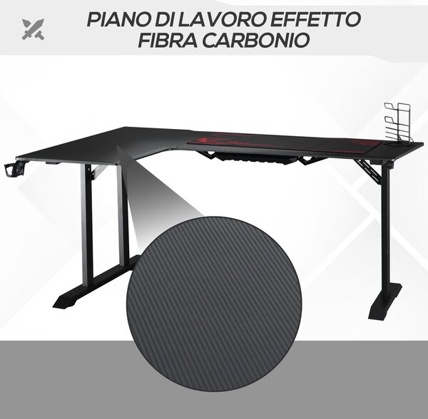 HOMCOM Scrivania Angolare per Gaming e Ufficio con Gancio per Cuffie, Porta Tazza, Supporto Gamepad e Tappetino, Nero