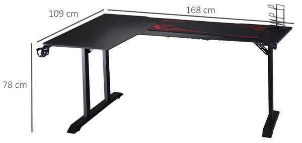 HOMCOM Scrivania Angolare per Gaming e Ufficio con Gancio per Cuffie, Porta Tazza, Supporto Gamepad e Tappetino, Nero