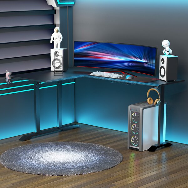 HOMCOM Scrivania Angolare per Gaming e Ufficio con Gancio per Cuffie, Porta Tazza, Supporto Gamepad e Tappetino, Nero