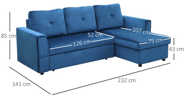 HOMCOM Divano Letto con Penisola in Tessuto Effetto Velluto e Chaise Longue con Contenitore, 232x141x85cm, Blu|Aosom