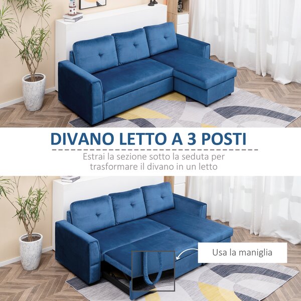 HOMCOM Divano Letto con Penisola in Tessuto Effetto Velluto e Chaise Longue con Contenitore, 232x141x85cm, Blu|Aosom