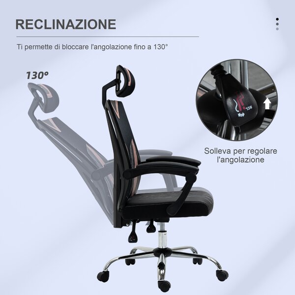 Vinsetto Sedia da Ufficio Ergonomica e Regolabili con Lombare e Cervicale, Altezza e Inclinazione Regolabili, 58x62.5x112-120cm, Rosa | Aosom Italy