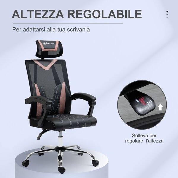 Vinsetto Sedia da Ufficio Ergonomica e Regolabili con Lombare e Cervicale, Altezza e Inclinazione Regolabili, 58x62.5x112-120cm, Rosa | Aosom Italy