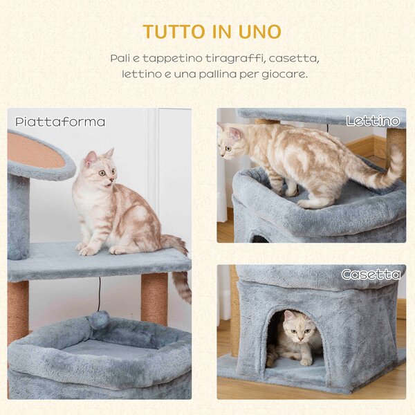 PawHut Albero Tiragraffi per Gatti con Pali in Corda Juta, Casetta e Cuscino per Gatti, Rivestimento in Peluche, Altezza 84cm, Grigio|Aosom