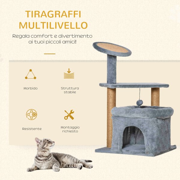 PawHut Albero Tiragraffi per Gatti con Pali in Corda Juta, Casetta e Cuscino per Gatti, Rivestimento in Peluche, Altezza 84cm, Grigio|Aosom