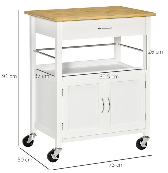 HOMCOM Carrello Cucina con Cassetto Armadietto e Scaffale, Carrellino Portavivande con Piano in Bambù e 4 Ruote, Bianco|Aosom