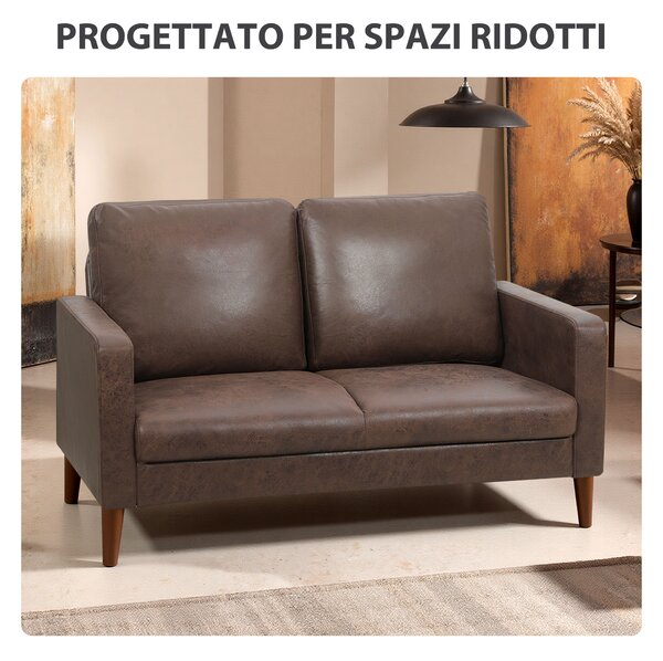 HOMCOM Divano 2 Posti Moderno con Rivestimento in Tessuto Effetto Pelle Traspirante e Gambe in Legno, 130x78x85 cm, Marrone Scuro | Aosom Italy